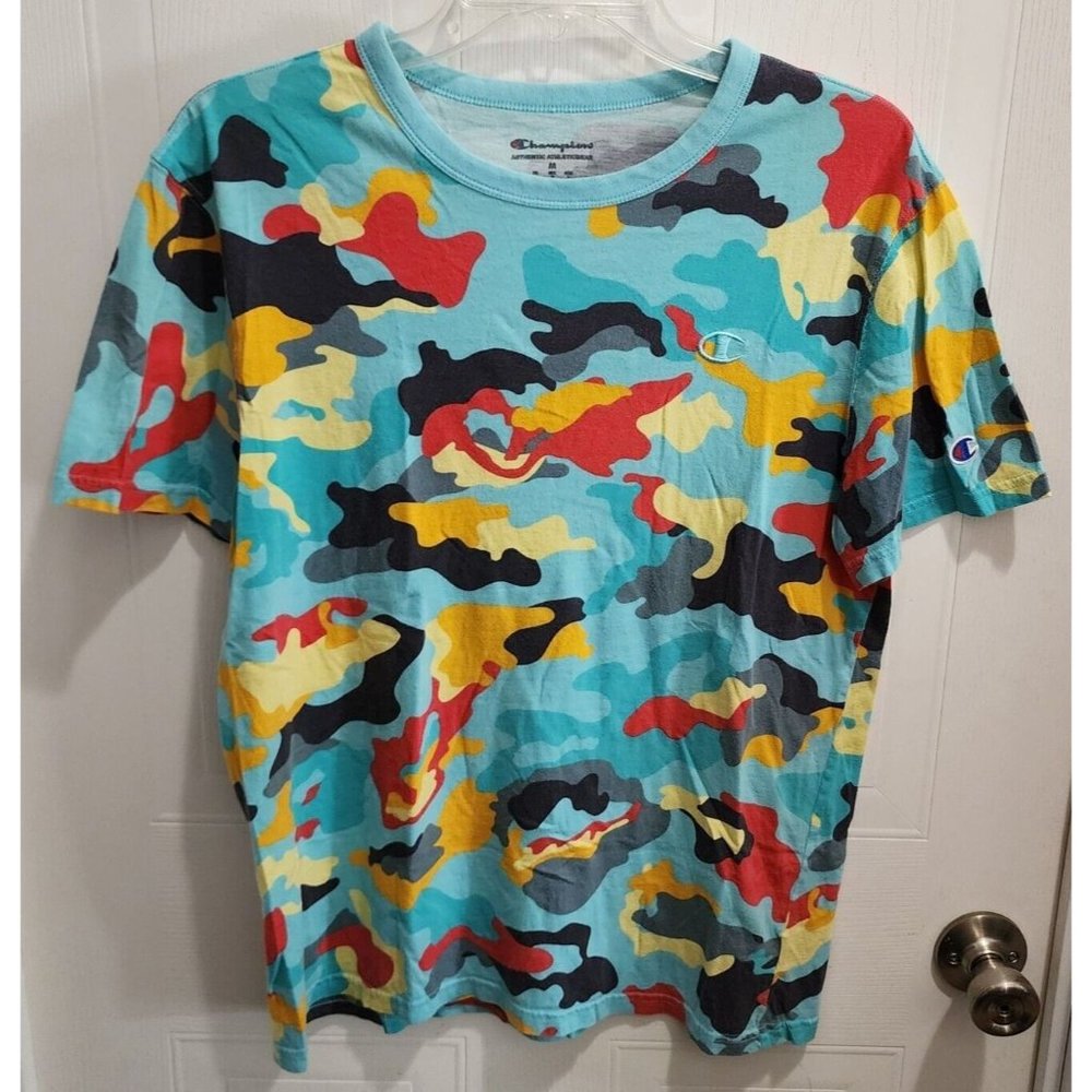 Champion Abstract Blue Camouflage AOP Logo Crewneck Short Sleeve T Shirt Size M